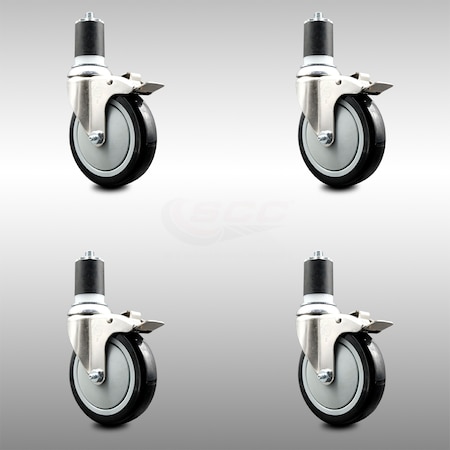 Service Caster 5 Inch 316SS Black Poly Swivel 1-3/4 Inch Expanding Stem Caster Set Lock Brake SCC-SS316TTLEX20S514-PPUB-BLK-134-4